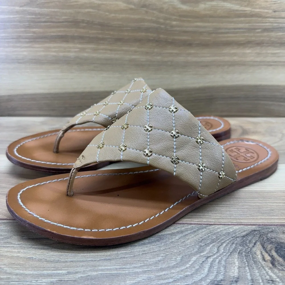 Tory Burch Quilted Mini Studded Sandals 7 M Camel Leather Vacation Travel Preppy